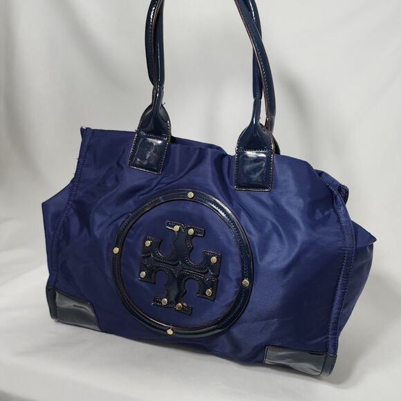 Tory Burch Ella Nylon Tote Navy Blue Patent Trim Logo Large Shoulder Bag Purse - Picture 9 of 16